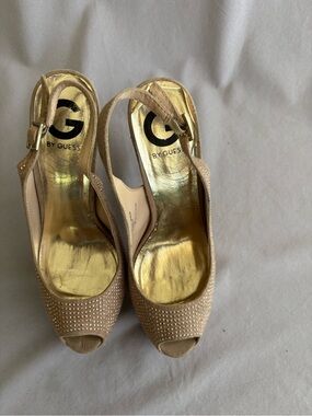 G by Guess Beige/Nude RHINESTONE Open-Toe Slingback Heels with Gold Insole